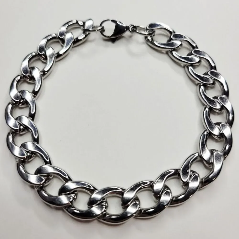 NWT Mens 12mm Shiny Stainless Steel Cuban Link Bracelet Lobster Clasp – 8 in